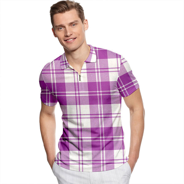 Erskine Dress Purple Tartan Classic Lapel Zip Short Sleeve Polo