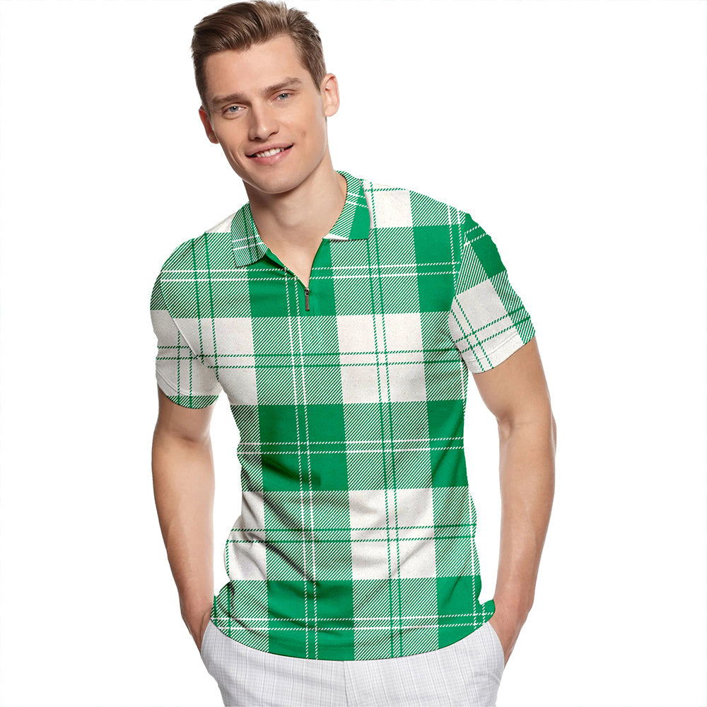 Erskine Green Tartan Classic Lapel Zip Short Sleeve Polo