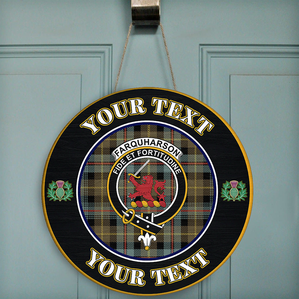 Farquharson Weathered Tartan Crest Round Wooden Sign Thistle Memory Style