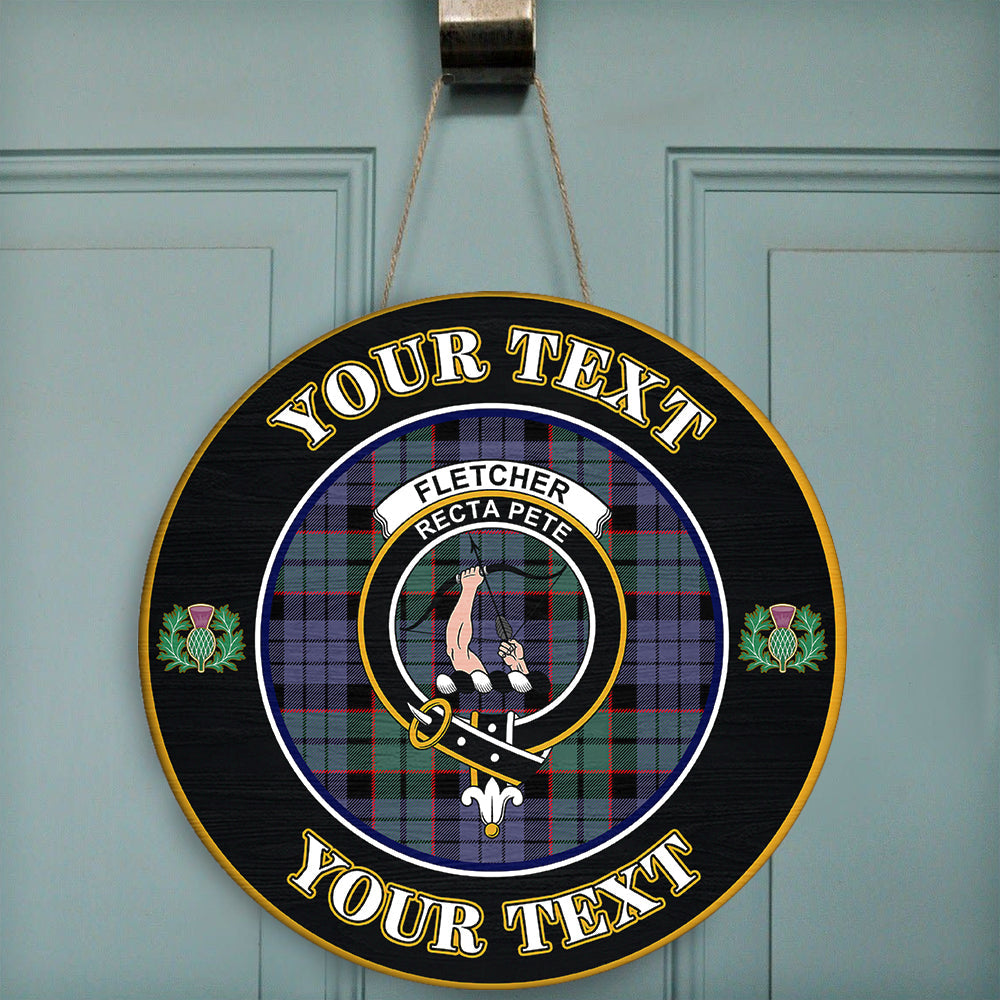 Fletcher Modern Tartan Crest Round Wooden Sign Thistle Memory Style