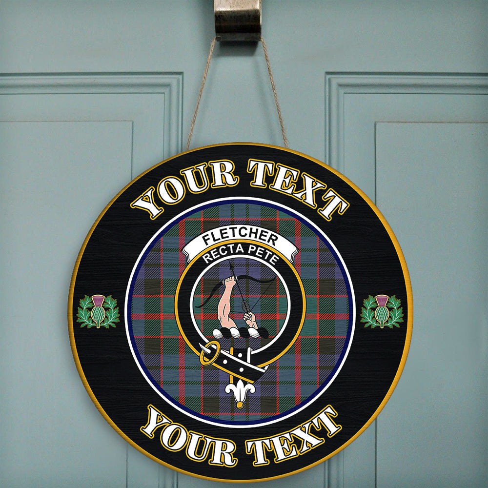 Fletcher of Dunans Tartan Crest Round Wooden Sign Thistle Memory Style