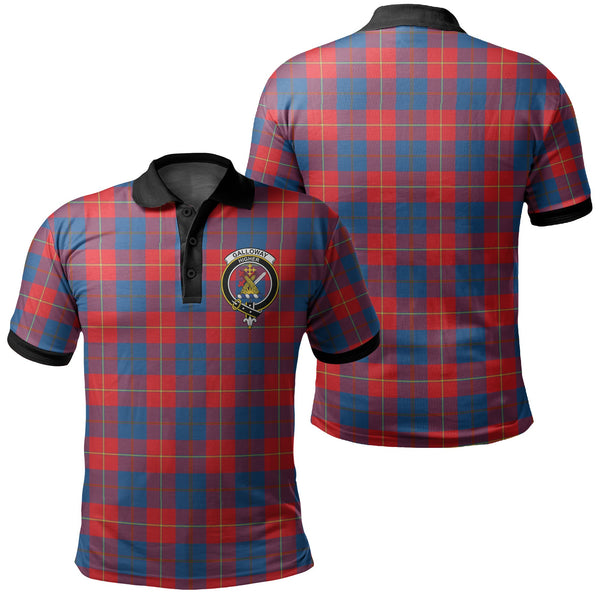 Galloway Red Tartan Crest Polo Shirt Black Neck 2 Style