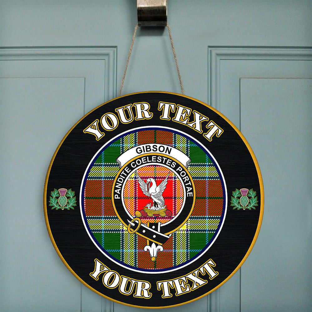 Gibbs Tartan Crest Round Wooden Sign Thistle Memory Style