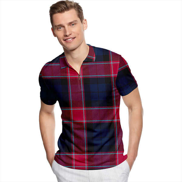 Graham of Menteith Red Modern Tartan Classic Lapel Zip Short Sleeve Polo