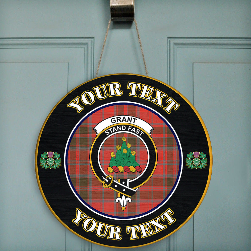 Grant Weathered Tartan Crest Round Wooden Sign Thistle Memory Style