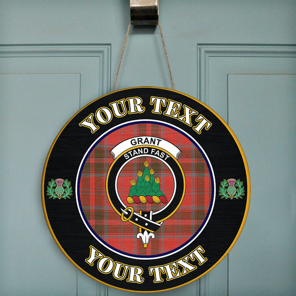 Grant Weathered Tartan Crest Round Wooden Sign Thistle Memory Style