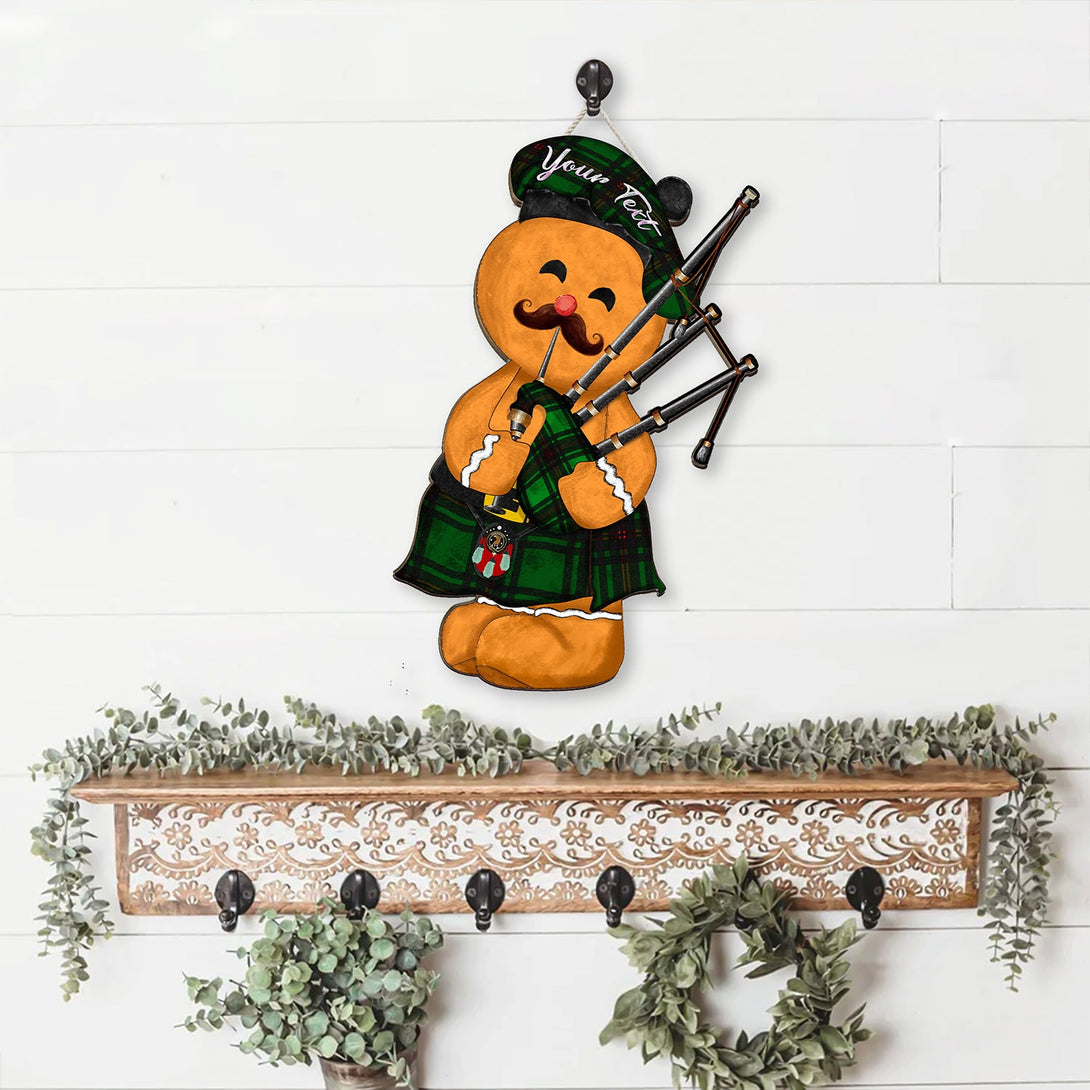 Halkett Crest Tartan Wooden Sign Gingerbread Bagpipe Personalized