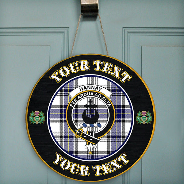 Hannay Modern Tartan Crest Round Wooden Sign Thistle Memory Style