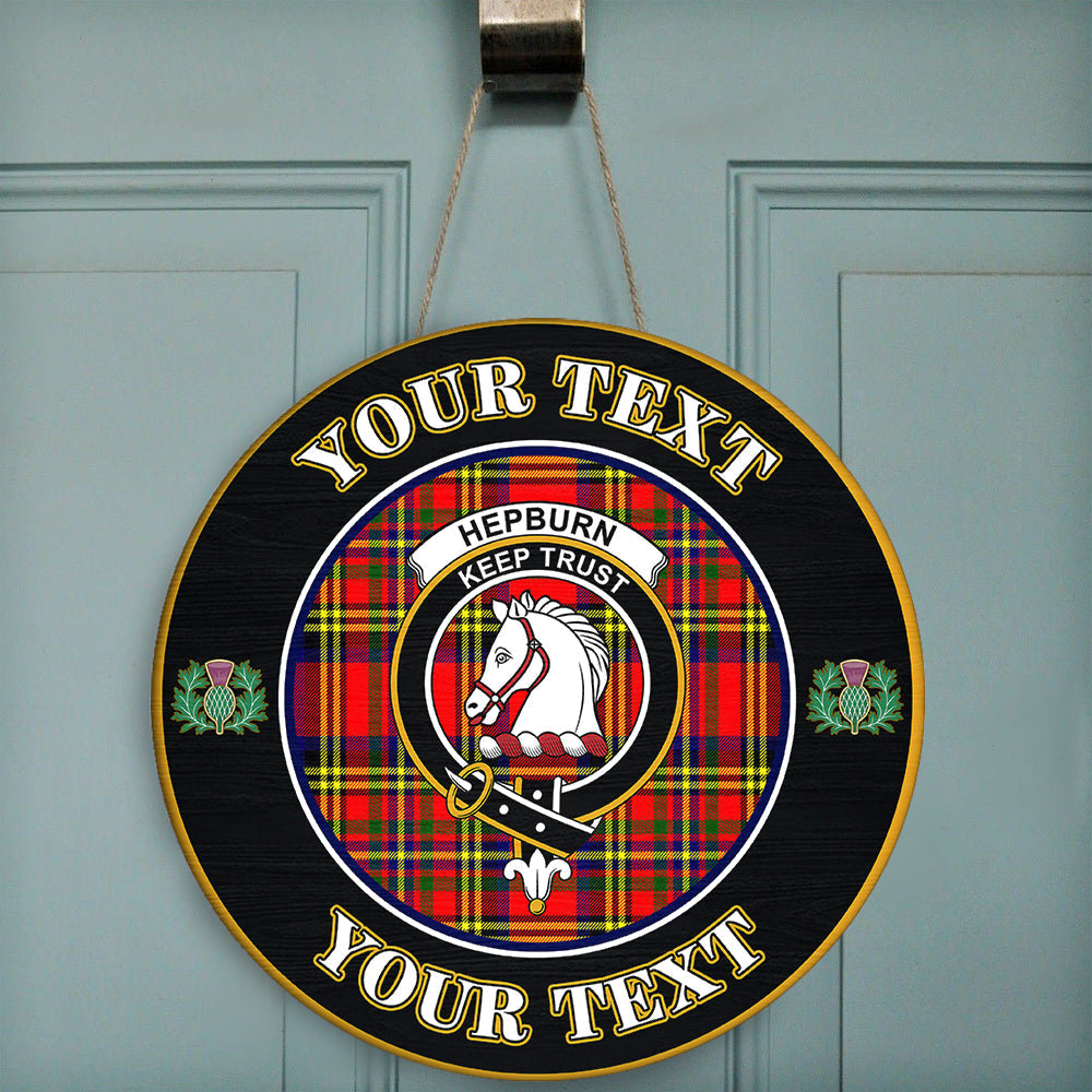 Hepburn Tartan Crest Round Wooden Sign Thistle Memory Style