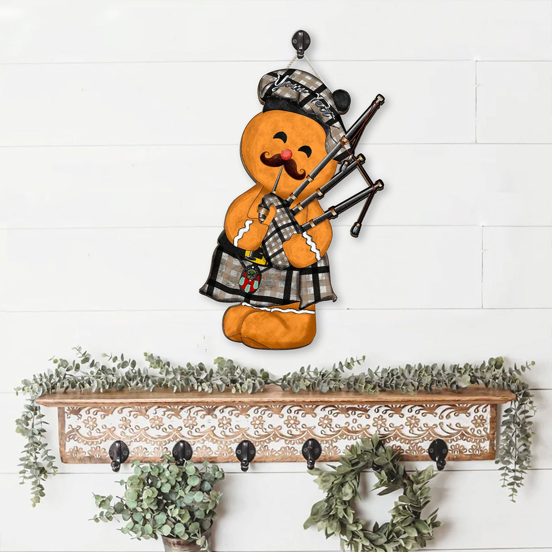 Hogg Weathered Crest Tartan Wooden Sign Gingerbread Bagpipe Personalized