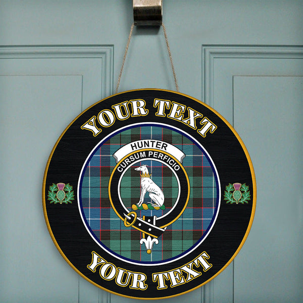 Hunter Ancient Tartan Crest Round Wooden Sign Thistle Memory Style