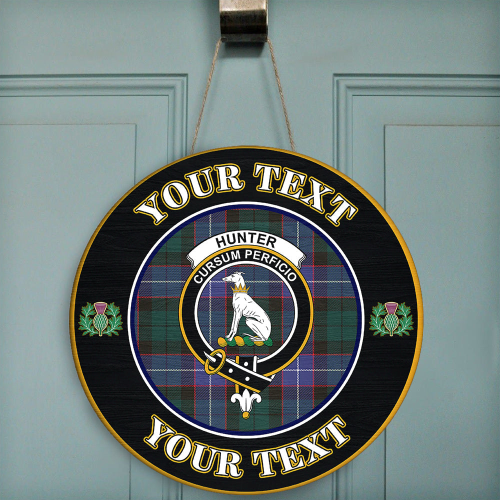 Hunter Modern Tartan Crest Round Wooden Sign Thistle Memory Style