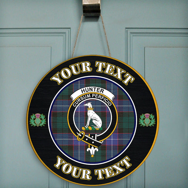 Hunter Modern Tartan Crest Round Wooden Sign Thistle Memory Style