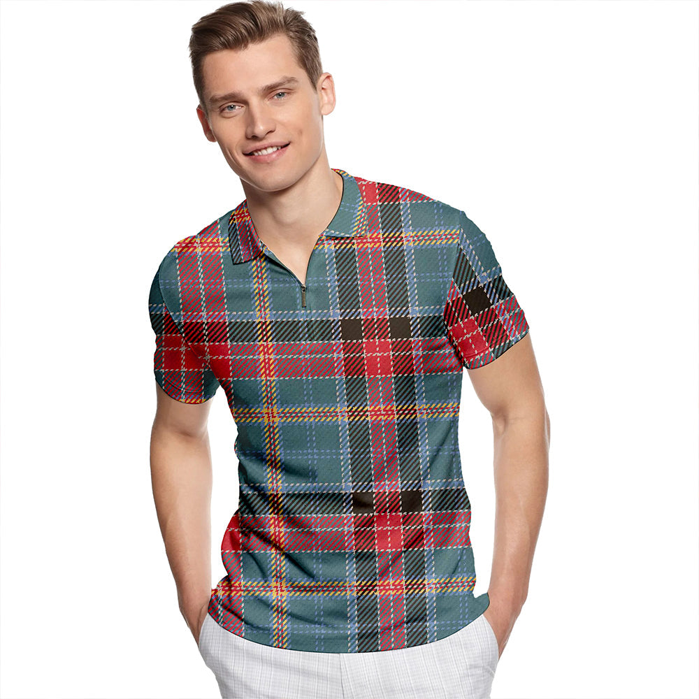 Hunter Old Weathered Tartan Classic Lapel Zip Short Sleeve Polo