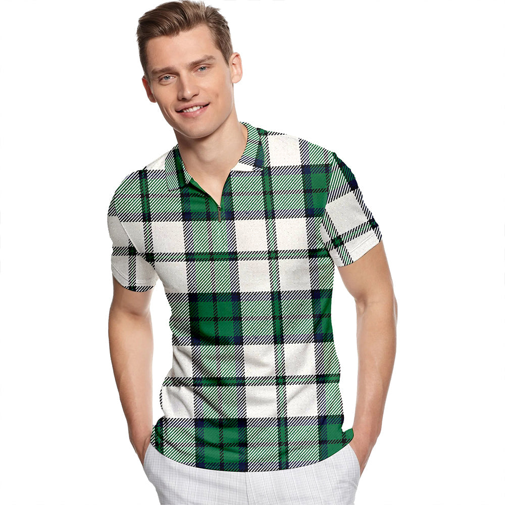 Innes Green Dress Modern Tartan Classic Lapel Zip Short Sleeve Polo