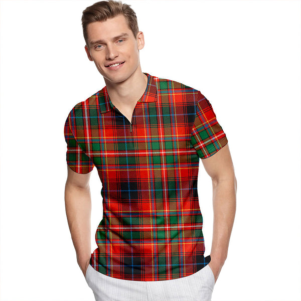 Innes Red Ancient Tartan Classic Lapel Zip Short Sleeve Polo