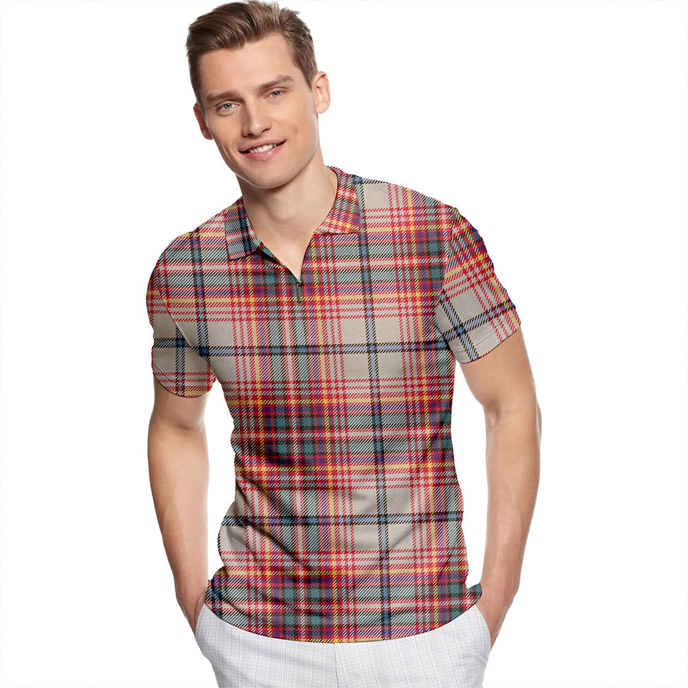 Innes Red Dress Weathered Tartan Classic Lapel Zip Short Sleeve Polo