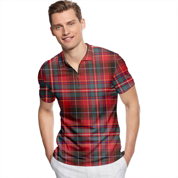 Innes Red Weathered Tartan Classic Lapel Zip Short Sleeve Polo