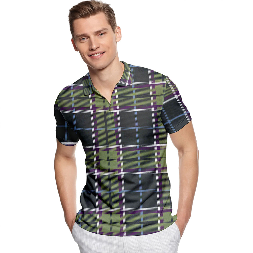 Isle of Man Manx Ellan Vannin Weathered Tartan Classic Lapel Zip Short Sleeve Polo