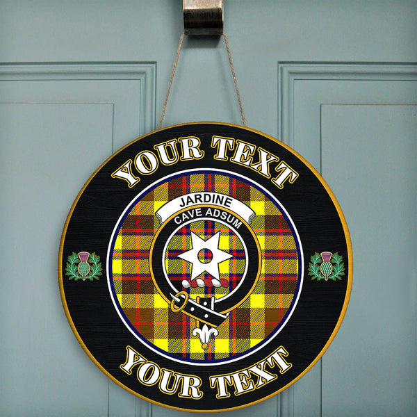 Jardine Tartan Crest Round Wooden Sign Thistle Memory Style