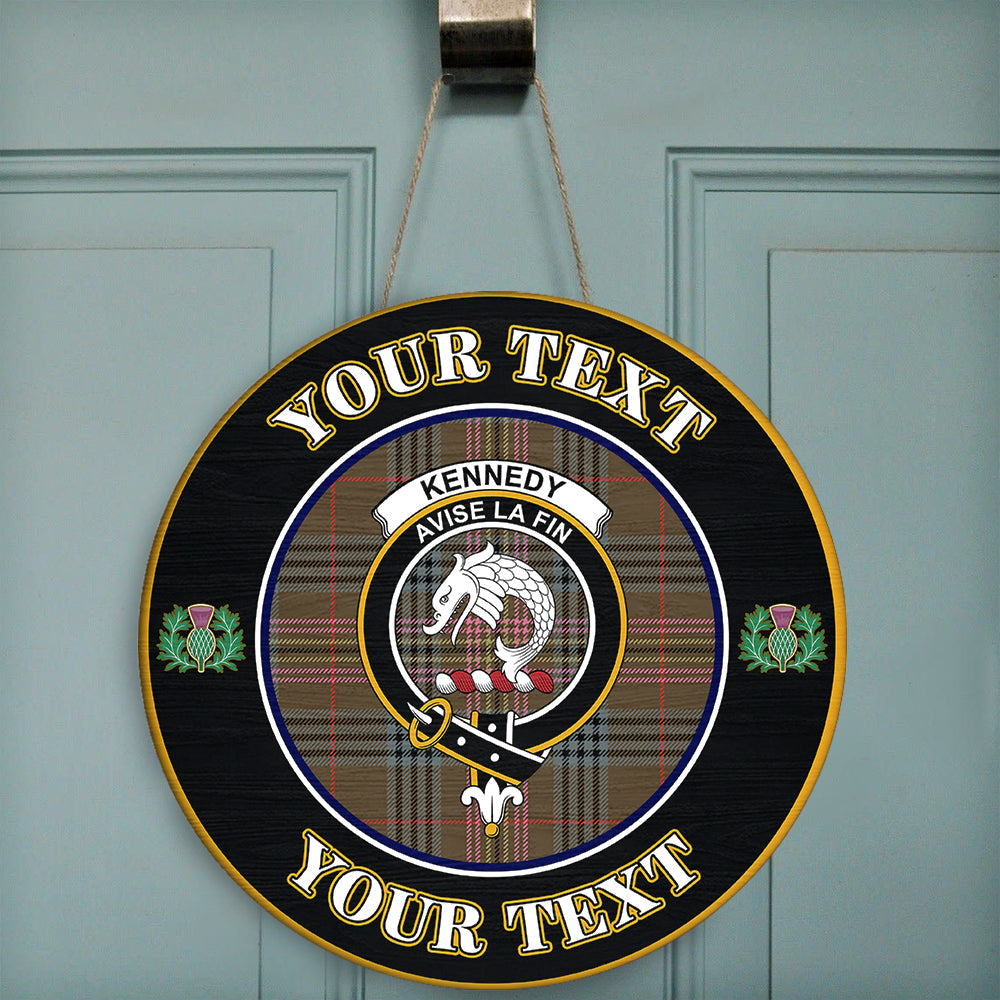 Kennedy Weathered Tartan Crest Round Wooden Sign Thistle Memory Style