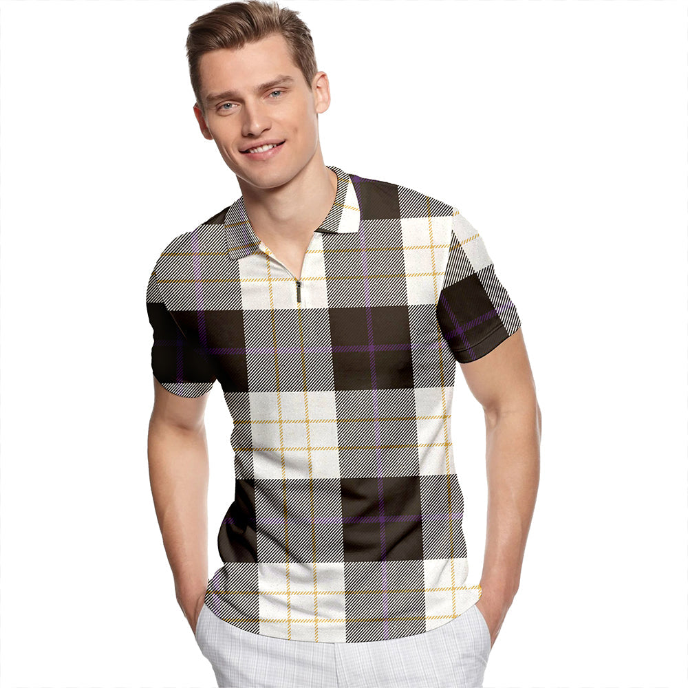 Kennison Weathered Tartan Classic Lapel Zip Short Sleeve Polo