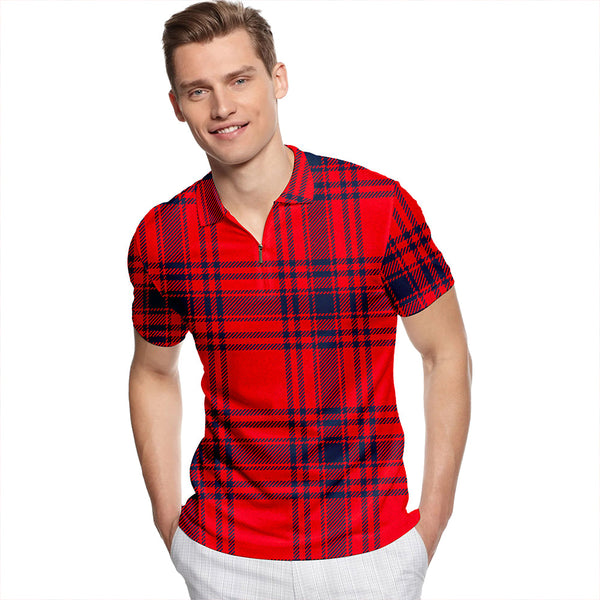 Kyle Blue Modern Tartan Classic Lapel Zip Short Sleeve Polo