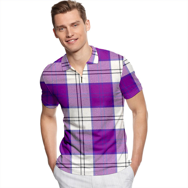 Lennox Dress Dance Purple Tartan Classic Lapel Zip Short Sleeve Polo