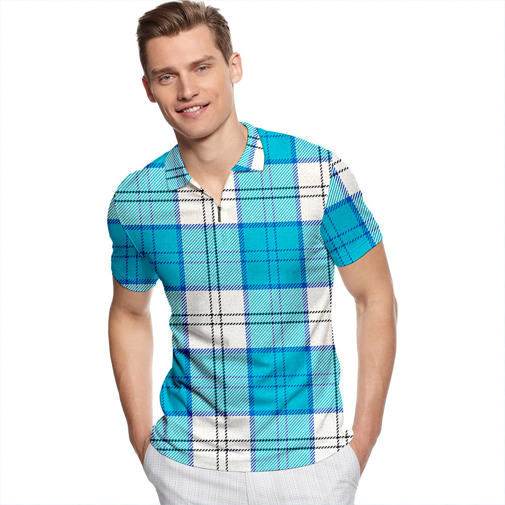 Lennox Dress Turquoise Tartan Classic Lapel Zip Short Sleeve Polo