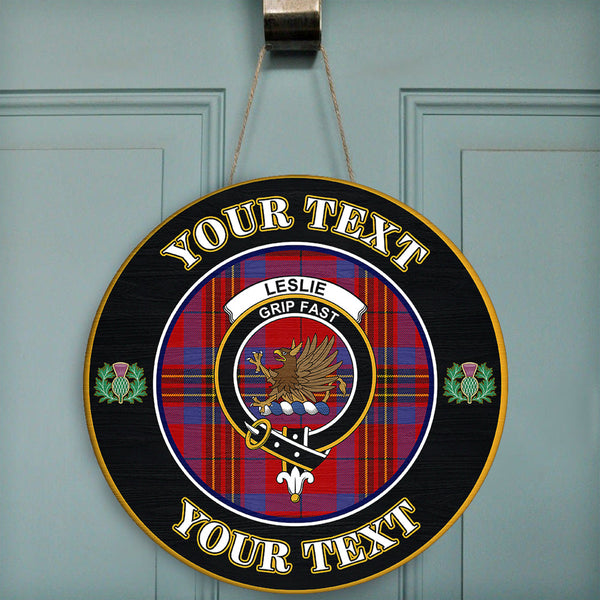 Leslie Modern Tartan Crest Round Wooden Sign Thistle Memory Style