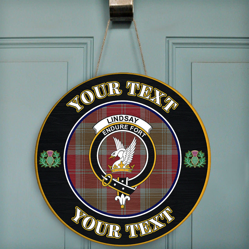 Lindsay Weathered Tartan Crest Round Wooden Sign Thistle Memory Style