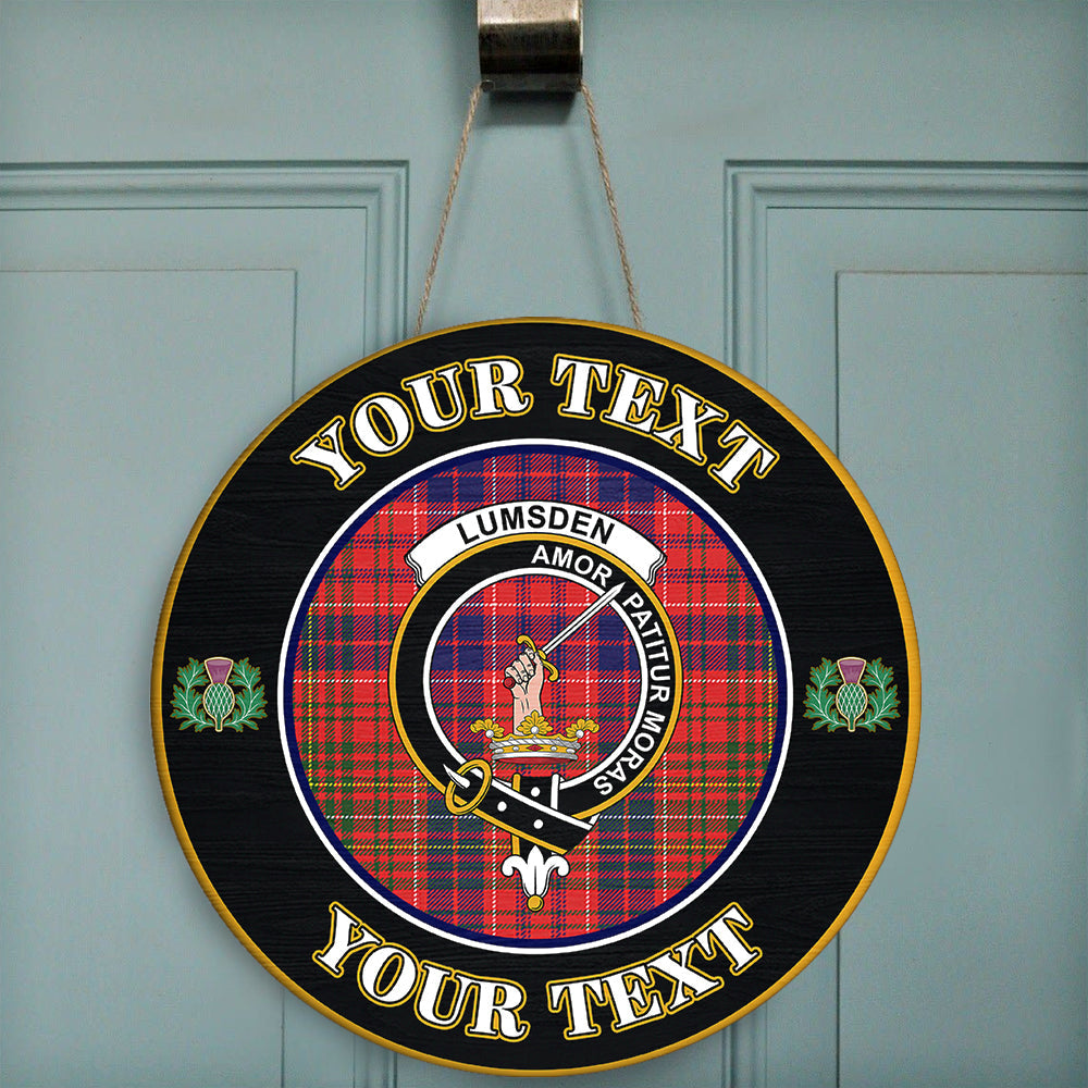 Lumsden Modern Tartan Crest Round Wooden Sign Thistle Memory Style