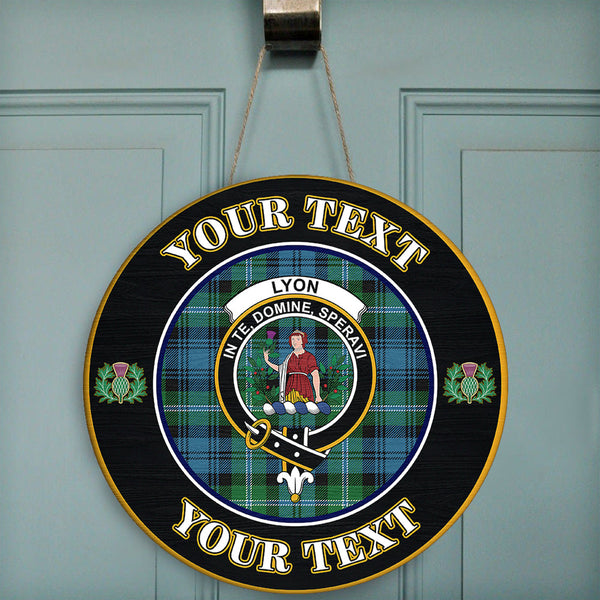 Lyon Clan Tartan Crest Round Wooden Sign Thistle Memory Style