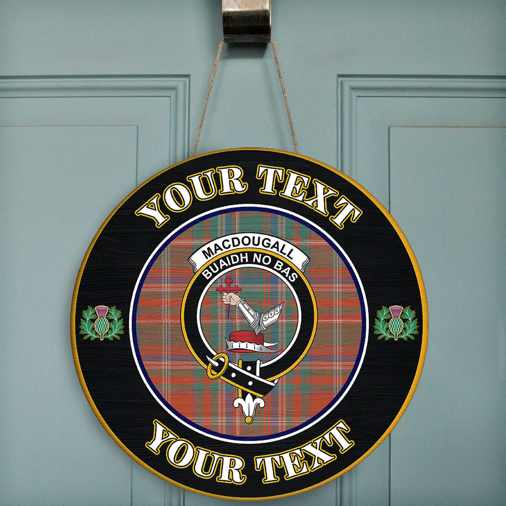 MacDougall Ancient Tartan Crest Round Wooden Sign Thistle Memory Style