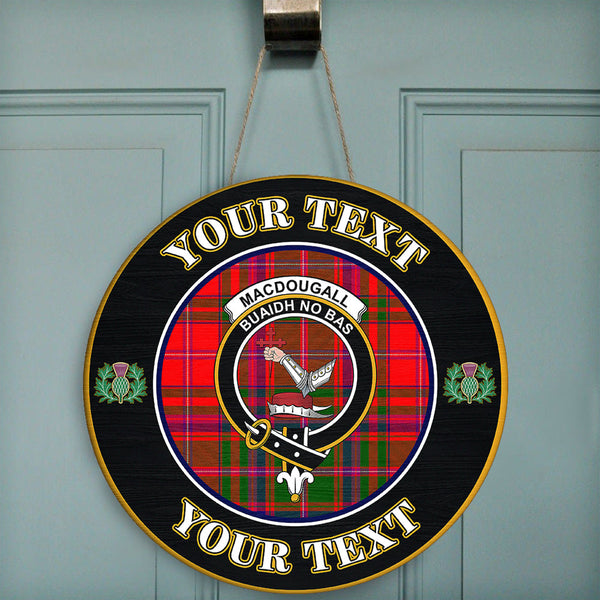 MacDougall Modern Tartan Crest Round Wooden Sign Thistle Memory Style