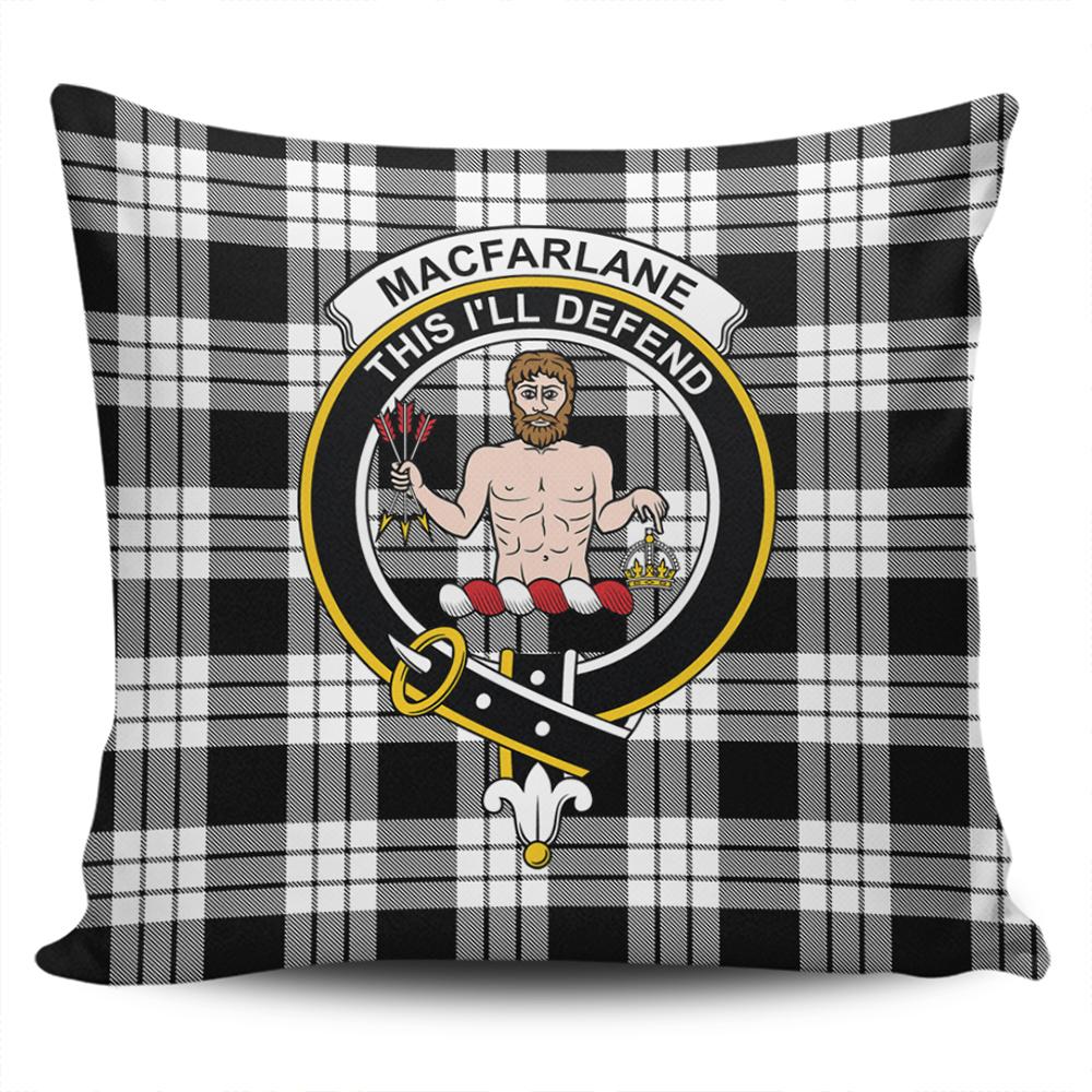 MacFarlane Black & White Ancient Tartan Classic Crest Pillow Cover