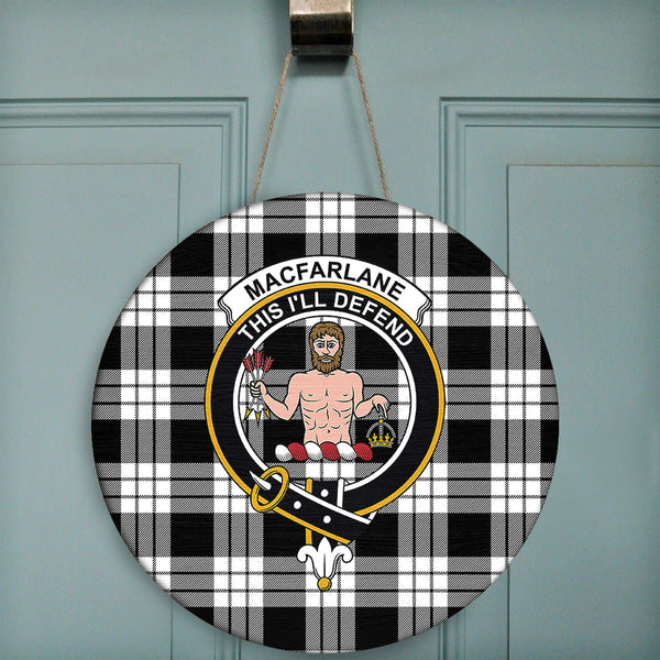 MacFarlane Black & White Ancient Tartan Classic Crest Round Wooden Sign