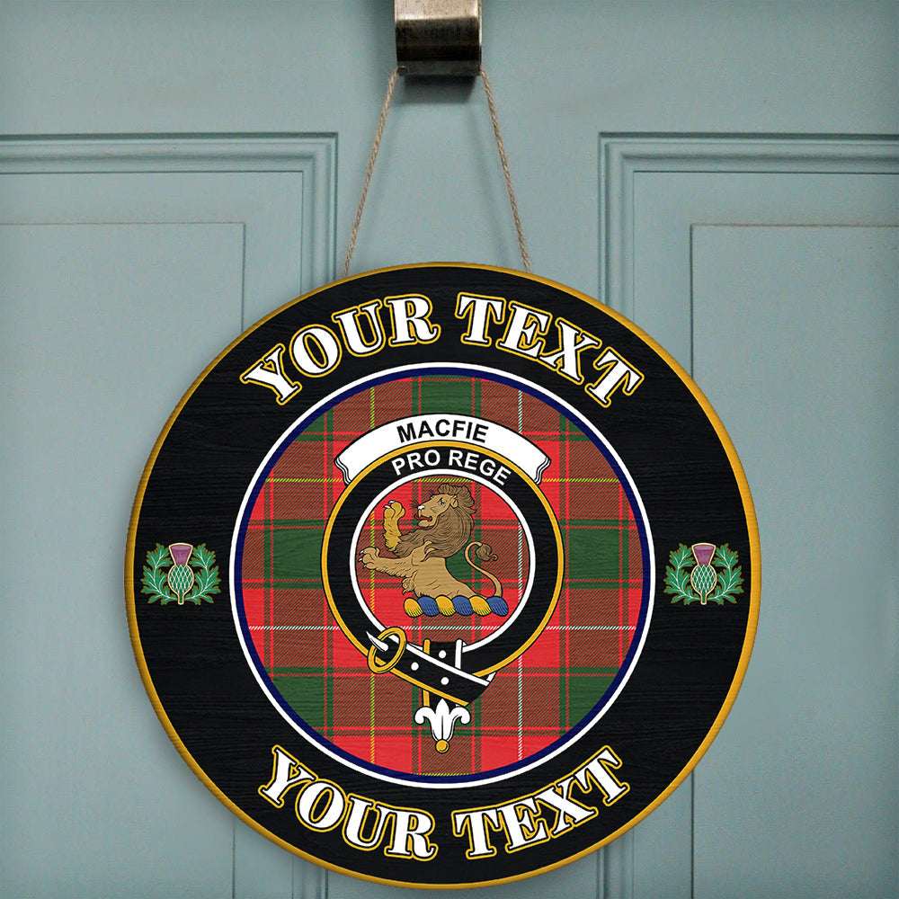 MacFie Tartan Crest Round Wooden Sign Thistle Memory Style