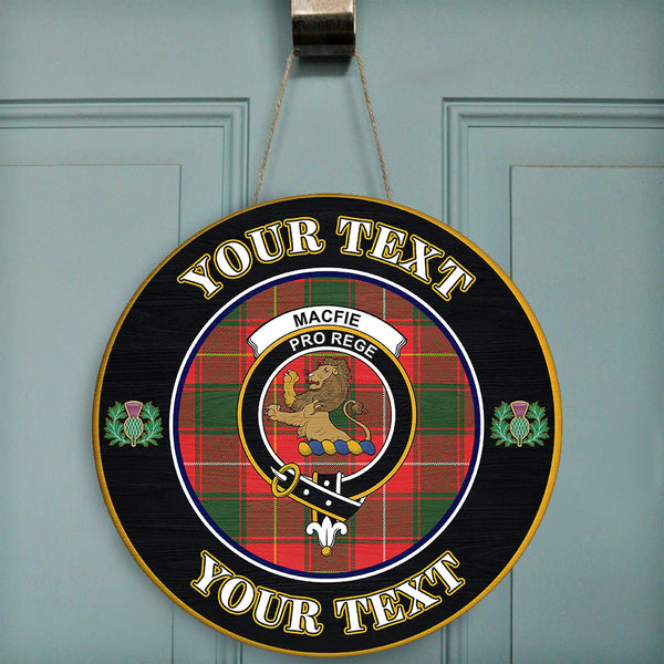 MacFie Tartan Crest Round Wooden Sign Thistle Memory Style