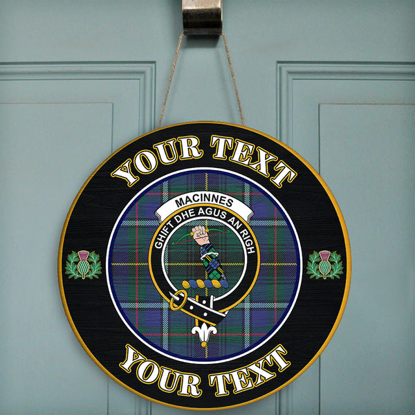 MacInnes Modern Tartan Crest Round Wooden Sign Thistle Memory Style