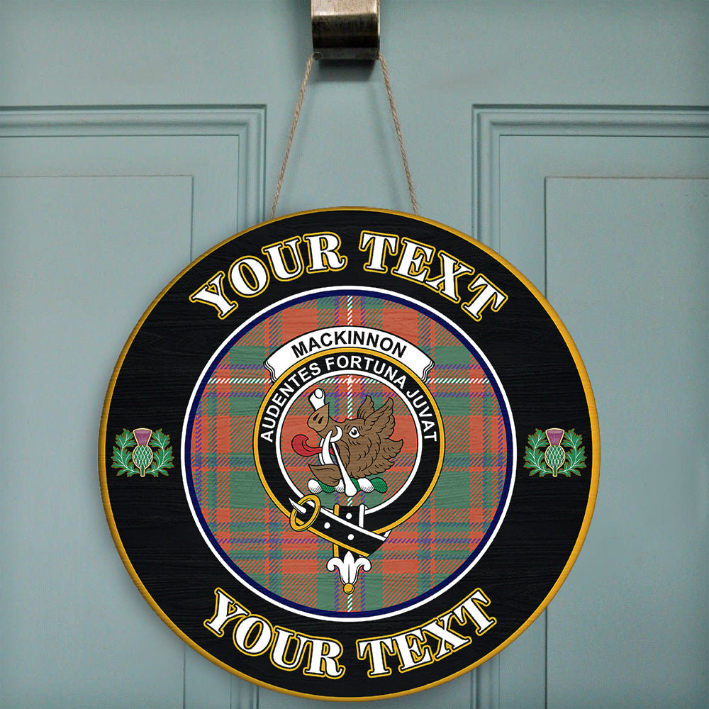 MacKinnon Ancient Tartan Crest Round Wooden Sign Thistle Memory Style