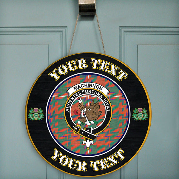 MacKinnon Ancient Tartan Crest Round Wooden Sign Thistle Memory Style