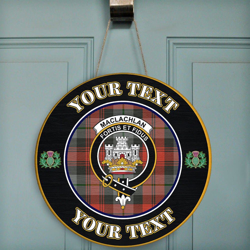 MacLachlan Weathered Tartan Crest Round Wooden Sign Thistle Memory Style