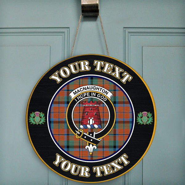 MacNaughton Ancient Tartan Crest Round Wooden Sign Thistle Memory Style