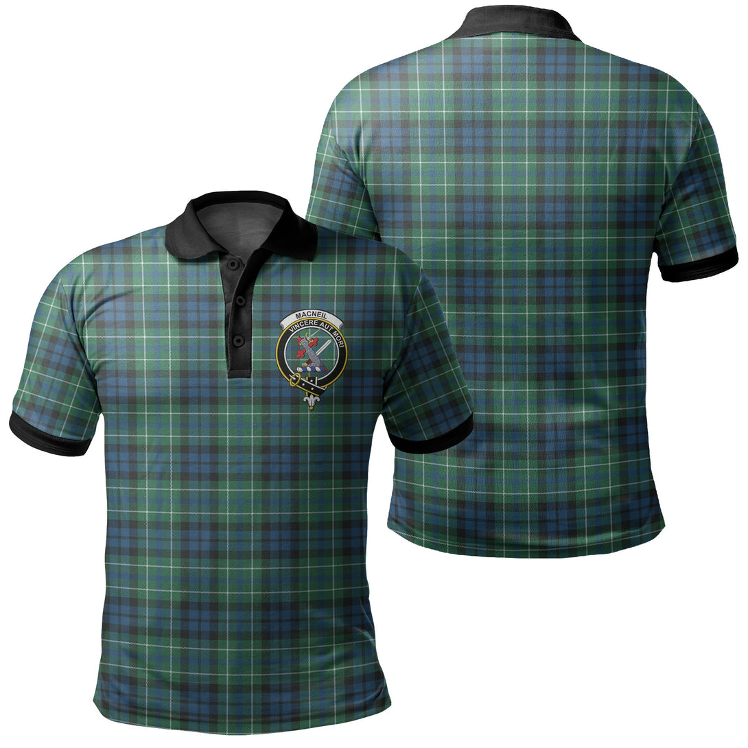 MacNeill of Colonsay Ancient Tartan Crest Polo Shirt Black Neck 2 Style