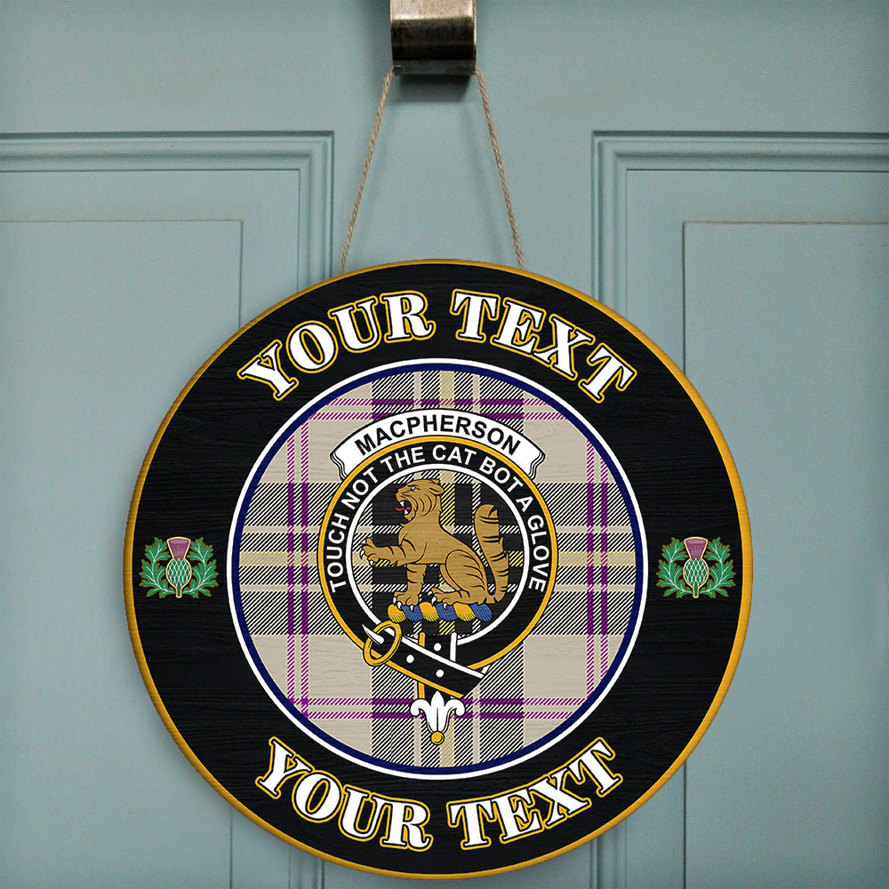 MacPherson Dress Ancient Tartan Crest Round Wooden Sign Thistle Memory Style