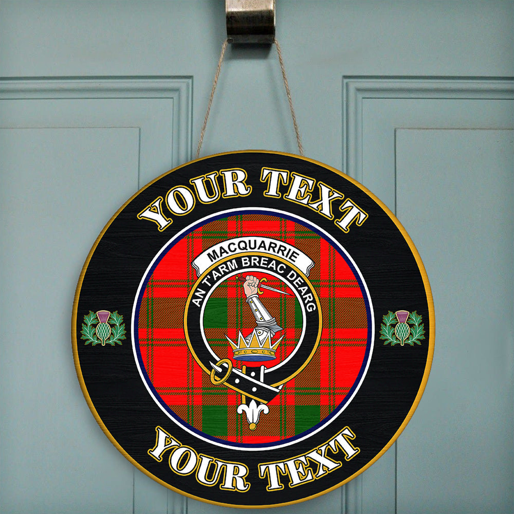 MacQuarrie Modern Tartan Crest Round Wooden Sign Thistle Memory Style