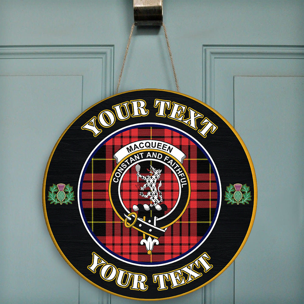 MacQueen Modern Tartan Crest Round Wooden Sign Thistle Memory Style