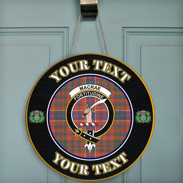 MacRae Ancient Tartan Crest Round Wooden Sign Thistle Memory Style