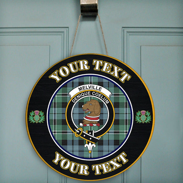 Melville Tartan Crest Round Wooden Sign Thistle Memory Style